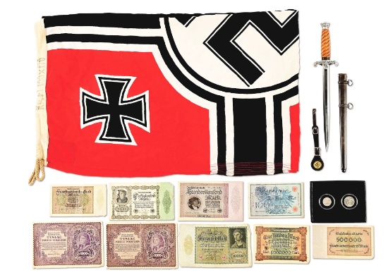LOT OF THIRD REICH MILITARIA HEER DAGGER, FLAG, AND CURRENCY.