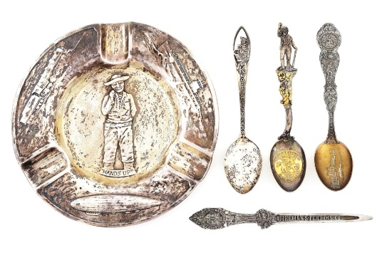 LOT OF 5: SILVER GOLD MINER'S PIECES, ASHTRAY, THREE SPOONS, LETTER OPENER.