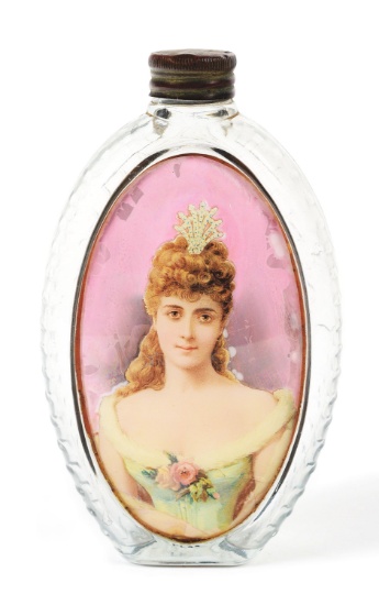 REVERSE ON GLASS WHISKEY FLASK.