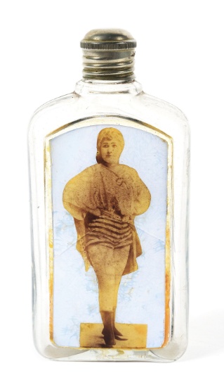 REVERSE ON GLASS WHISKEY FLASK.