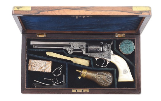(A) FACTORY ENGRAVED COLT MODEL 1849 POCKET REVOLVER WITH RARE PEARL GRIPS AND CASE.