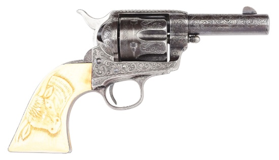 (A) FACTORY ENGRAVED SHERIFFS MODEL COLT SINGLE ACTION ARMY WITH FACTORY CARVED IVORY GRIPS.