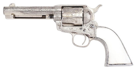 (A) ENGRAVED COLT SINGLE ACTION ARMY REVOLVER WITH ENCLOSED PEARL GRIPS, BOX, AND LETTERS FROM R.L.