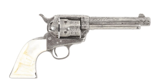 (C) FACTORY ENGRAVED COLT FRONTIER SIX SHOOTER SINGLE ACTION REVOLVER WITH CARVED STEER HEAD GRIPS.