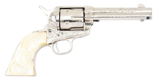 (A) EXCELLENT HELFRICHT ENGRAVED COLT SINGLE ACTION ARMY WITH STEERHEAD PEARL GRIPS, FEATURED IN "TH