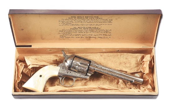(A) AN ATTRACTIVE NEW YORK ENGRAVED COLT SINGLE ACTION ARMY REVOLVER WITH PEARL GRIPS AND BOX.