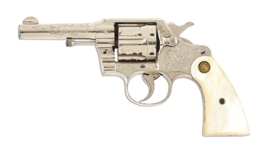 (C) FACTORY ENGRAVED COLT ARMY SPECIAL DOUBLE ACTION REVOLVER WITH CARVED PEARL GRIPS AND INSCRIPTIO
