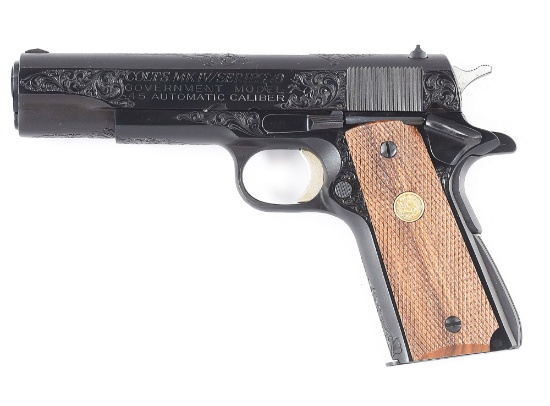 (M) FACTORY ENGRAVED COLT GOVERNMENT MKIV SEMI-AUTOMATIC PISTOL WITH FACTORY LETTER AND BOX.