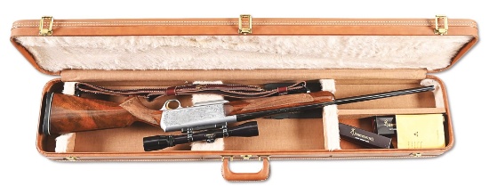 (M) CASED GRADE IV J. BAGUE ENGRAVED BROWNING BAR SEMI-AUTOMATIC 7M REMINGTOM MAGNUM RIFLE.