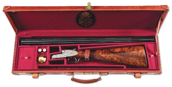 (M) SCARCE, 28 GAUGE BERTUZZI SIDE BY SIDE SHOTGUN WITH ENGRAVING BY G. FERRAGLIO, CASED.