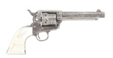 (C) FACTORY ENGRAVED COLT FRONTIER SIX SHOOTER SINGLE ACTION REVOLVER WITH CARVED STEER HEAD GRIPS.