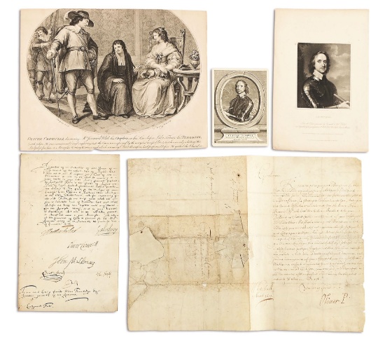 LOT OF DOCUMENTS AND ENGRAVINGS SIGNED BY OLIVER CROMWELL, EX LATTIMER.