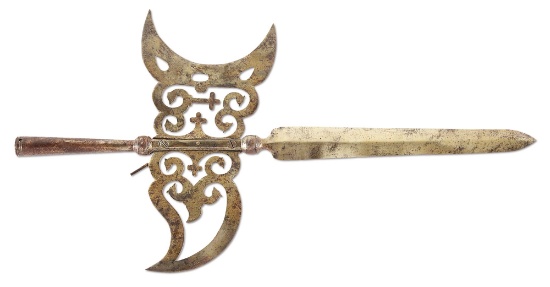 PIERCED HALBERD HEAD FOR USE IN A PARADE WITH REMOVABLE HEAD FOR EASE OF TRANSPORATION.
