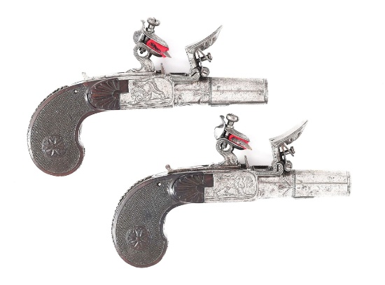 (A) AN ATTRACTIVE PAIR OF BOUTET FLINTLOCK BOXLOCK MUFF PISTOLS WITH GOLD INLAID ADDRESS AND ENGRAVI