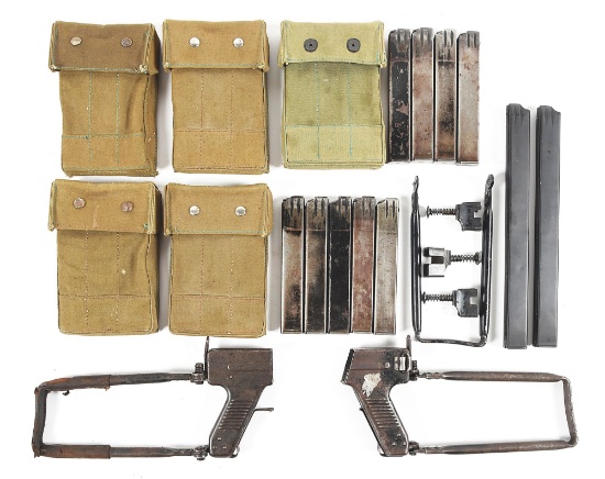 PAIR OF HIGH-CAPACITY MADSEN MODEL 50 MACHINE GUN MAGAZINES WITH REAR STOCK ASSEMBLIES.