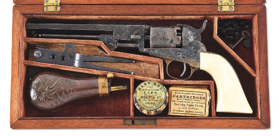 (A) FINE CASED, YOUNG ENGRAVED COLT 1849 POCKET PERCUSSION REVOLVER.