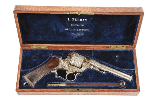 (A) ATTRACTIVE CASED AND ENGRAVED L. PERRIN MODEL 1859 DOUBLE ACTION REVOLVER.