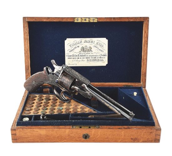 (A) ATTRACTIVE CASED AND ENGRAVED WILLIAM HILL PATENT DOUBLE ACTION REVOLVER.