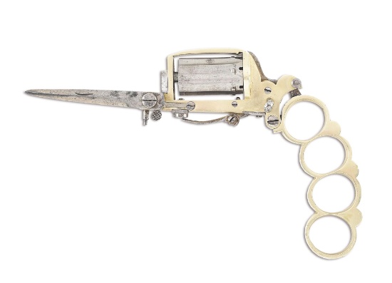 (A) ALWAYS DESIRABLE CASED DOLNE APACHE KNUCKLEDUSTER REVOLVER WITH BAYONET.