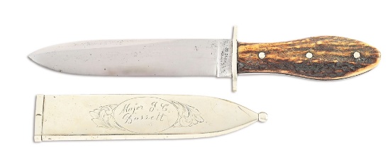 MICHAEL PRICE BELT KNIFE WITH SCABBARD INSCRIPTION TO MAJOR BASSETT