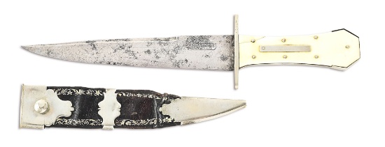 W&S BUTCHER BOWIE WITH ACID ETCHED MOTIFS ON BLADE.