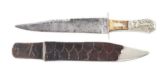 WOODHEAD & HARTLEY BOWIE KNIFE WITH HORSE AND ALLIGATOR POMMEL.