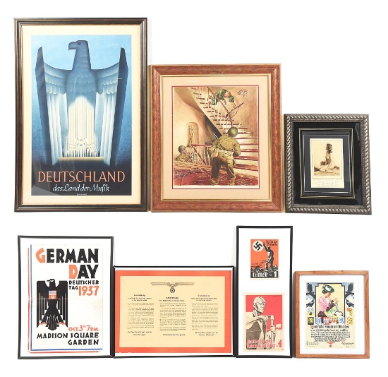 LOT OF 7: GERMAN WWII POSTERS AND OTHER FRAMED PIECES.