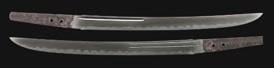 A LARGE TANTO SIGNED BY ECHIZEN KANETANE, WITH AN UNUSUAL INSCRIPTION REGARDING FORGING, IN KOSHIRAE