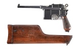 (A) HIGH CONDITION MAUSER C96 LARGE RING BROOMHANDLE SEMI-AUTOMATIC PISTOL WITH MATCHING HOLSTER/STO