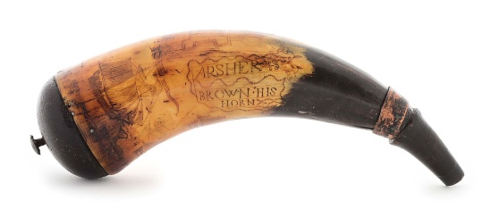 1776 DATED ENGRAVED REVOLUTIONARY WAR PISTOL POWDER HORN OF ARSHER BROWN, NEW JERSEY, EX . BILL GUTH
