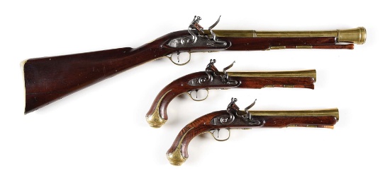 (A) LOT OF 3: BRACE OF FLINTLOCK BLUNDERBUSS PISTOLS AND BLUNDERBUSS BY J & W RICHARDS.