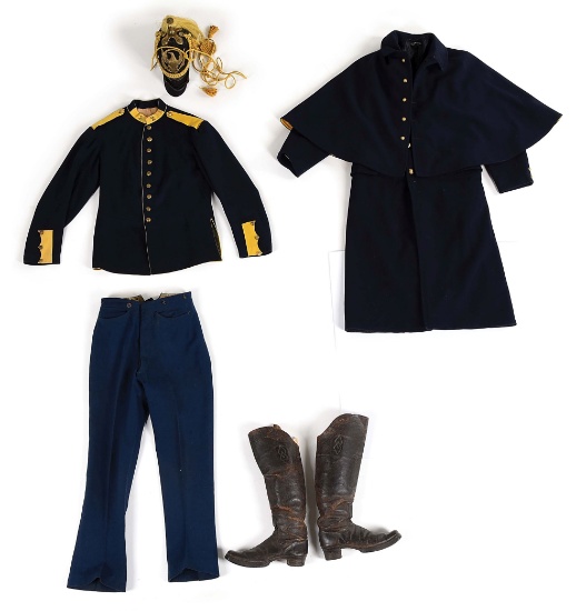 US INDIAN WARS M1872 UNIFORM CONSISTING OF A TUNIC, TROUSERS, BOOTS, CAPE, AND M1872 HELMET.
