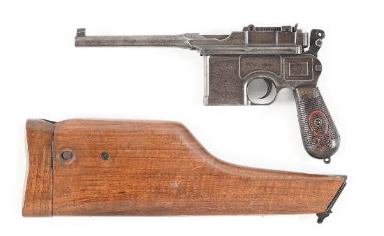 (C) A SCARCE MAUSER C96 RED 9 SEMI AUTOMATIC PISTOL WITH STOCK.