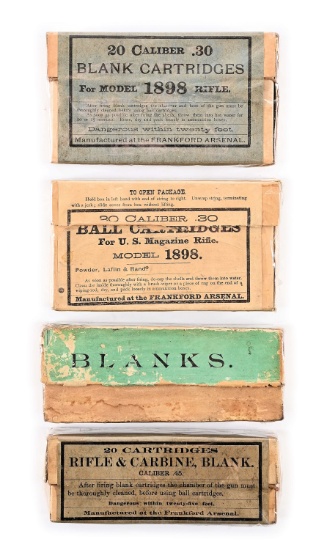 LOT OF 4: BOXES OF ANTIQUE RIFLE AND CARBINE AMMUNITION.