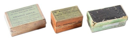 LOT OF 3: ANTIQUE BOXES OF AMMUNITION, INCLUDING A FULL BOX OF NATIONAL .32 TEAT FIRE.