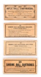 LOT OF 4: BOXES OF ANTIQUE RIFLE AND CARBINE AMMUNITION BOXES.
