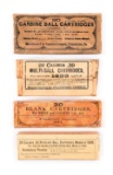 LOT OF 4: BOXES OF ANTIQUE RIFLE, CARBINE, AND PISTOL AMMUNITION.