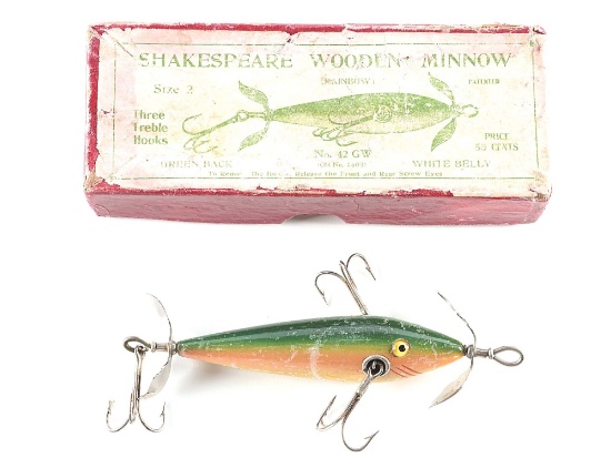 SHAKESPEARE NO 43 SUBMERGED WOODEN MINNOW IN GREENBACK IN PICTURE BOX