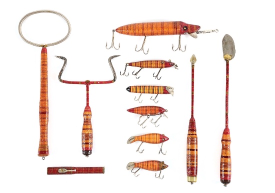 INCREDIBLE COLLECTION OF RAY THOMPSON SILK-WRAPPED FISHING TOOLS & LURES