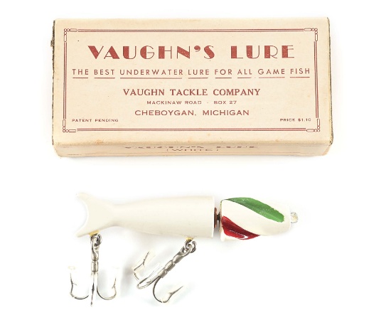 WHITE VAUGHN LURE WITH GREEN, RED, & BLACK FLUTES IN BOX