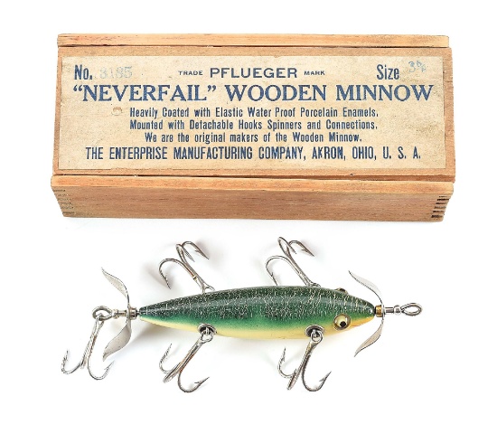 OUTSTANDING PFLUEGER NEVERFAIL MINNOW IN WOOD BOX