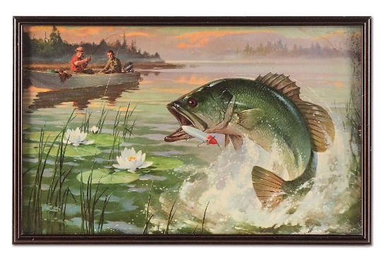 LITHOGRAPH POSTER OF A LEFT LEAPING BASS PROMOTING HEDDON’S 200 SURFACE LURE