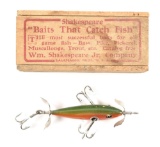 SHAKESPEARE NO 33 SUBMERGED WOODEN MINNOW IN GREENBACK, RED SIDES IN WOOD BOX