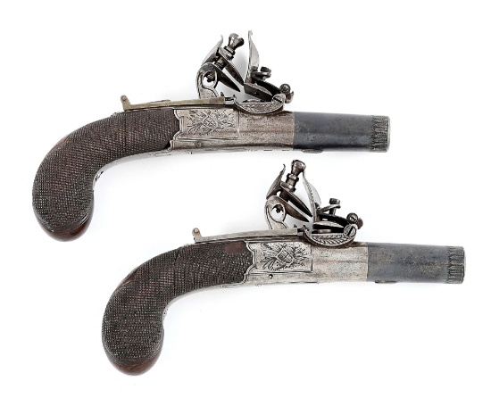 (A) PAIR OF ENGLISH BOXLOCK MUFF PISTOLS BY GREEN & PICKSLAY.