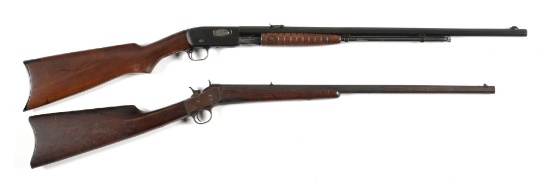 (C) PAIR OF PRE-WAR REMINGTONS, A MODEL 12-C SLIDE ACTION RIFLE AND A NO. 4 ROLLING BLOCK RIFLE.