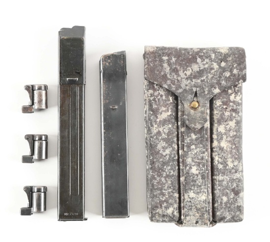 LOT OF GERMAN SUBMACHINE GUN MAGAZINESS AND K98 MUZZLE COVERS.