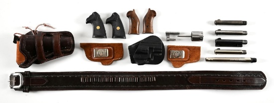 LOT OF COLT SINGLE ACTION ARMY BARRELS, HOLSTERS AND MISC. PARTS