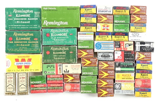 LOT OF FORTY SEVEN BOXES OF MOSTLY COLLECTIBLE AMMUNITION.