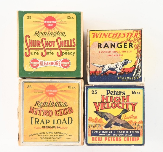 LOT OF 4 COLLECTIBLE SHOTGUN AMMUNITION BOXES.