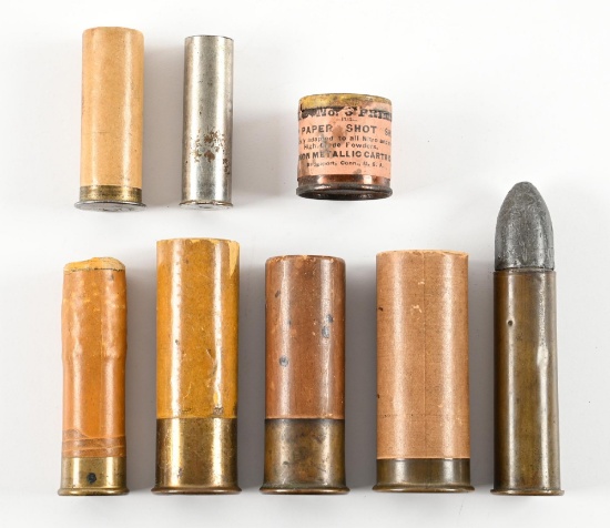 FANTASTIC LOT OF LARGE BORE SHOTGUN SHELLS AND 1" GATLING GUN ROUND.